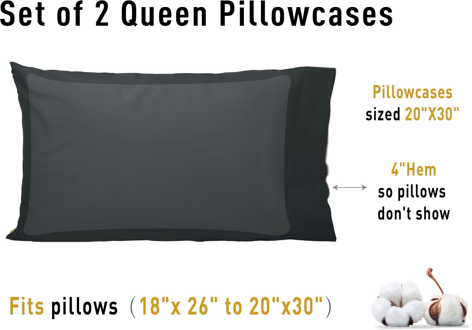 Sunflower Queen Pillowcases Set of 2, 100% Cotton Queen Size Pillow Cases 2, 20×30 inches Black, Soft and Breathable
