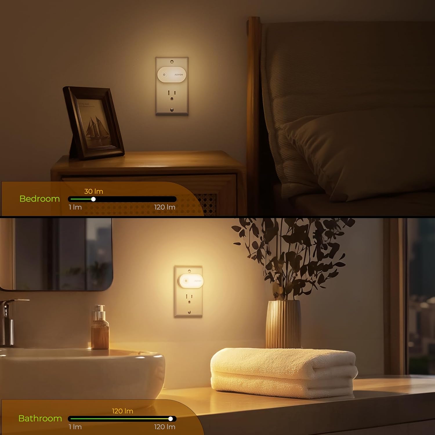 AUVON Night Light Plug in with Motion Sensor (120 Lumens), Dimmable Smart LED Night Lights, 1-120lm Brightness, for Bathroom, Hallway…