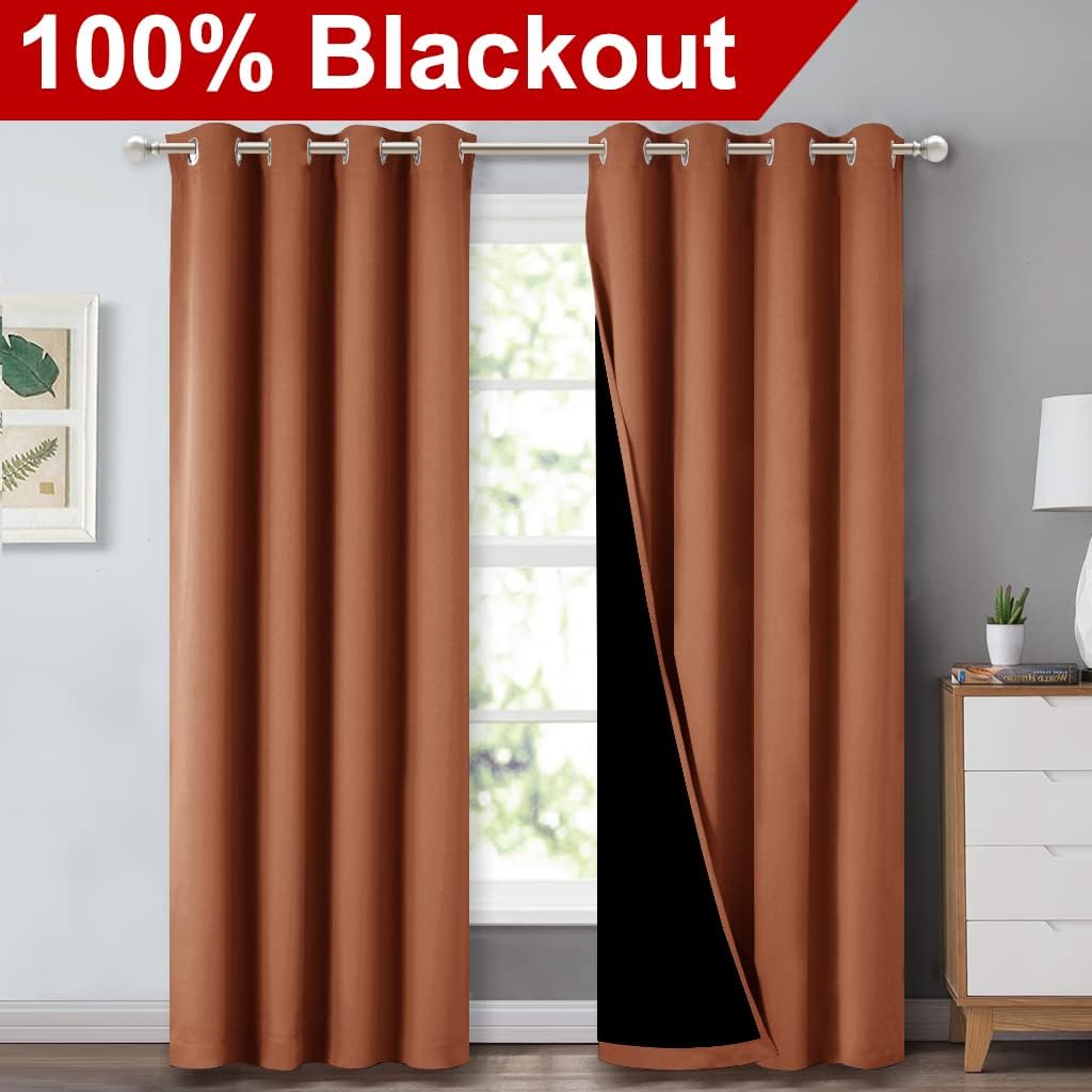 Nicetown Burnt Orange 100% Blackout Window Curtain Panels, Heat and Cold Blocking Drapes with Black Liner for Nursery, 84 inches Thermal In…