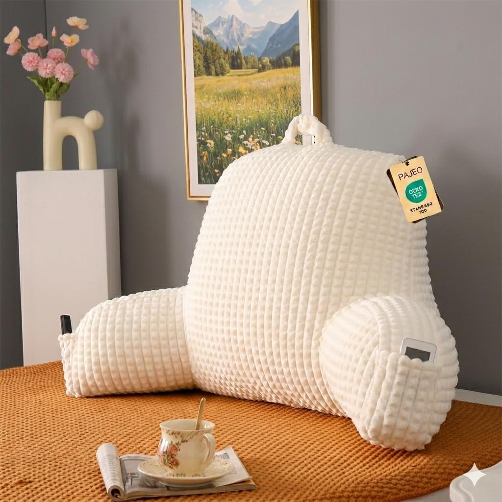 Pajeo Cozy Flannel Reading Pillow for Sitting Up in Bed, Skin-Friendly Sitting Pillow for Pregnancy & Nursing Support, Oeko-TEX Certified Bac…