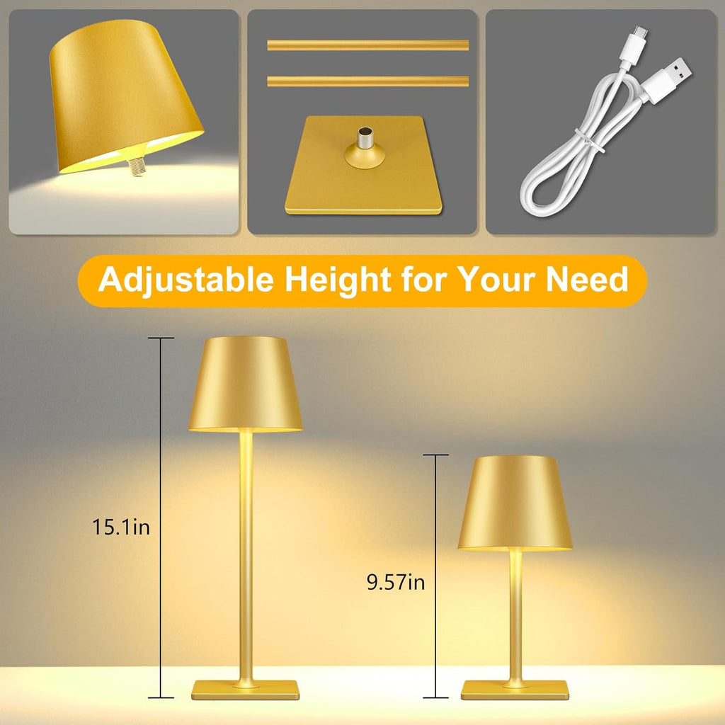 Yogaret 2 Pack Gold Rechargeable Table Lamps, Cordless Lamp with 6000mAh Battery Operated, Wireless Lamp for Restaurant Home Dinner Dining…