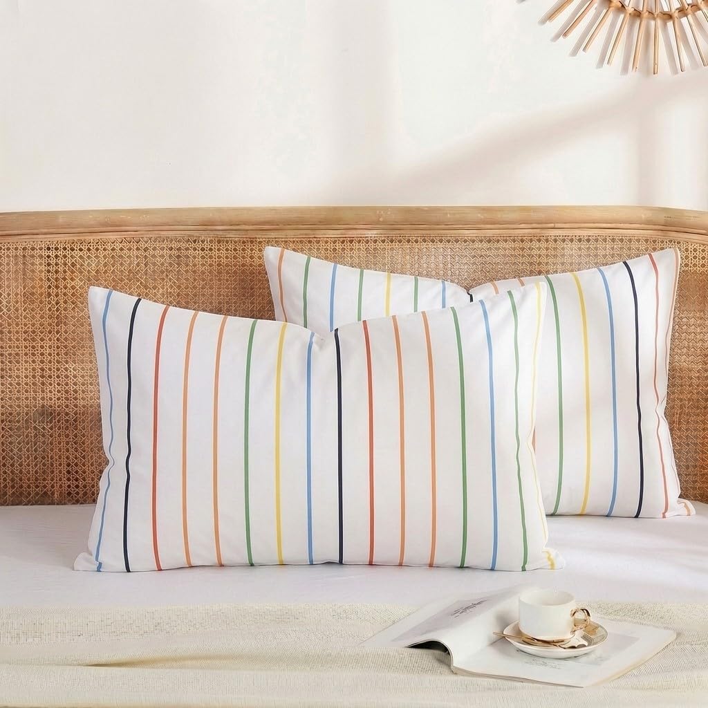 Merryword King Size Pillowcases, 100% Cotton Pillow Cases, Rainbow Striped Pillowcases, Soft Breathable Pinstripe Pillow Covers, Set of 2 C…
