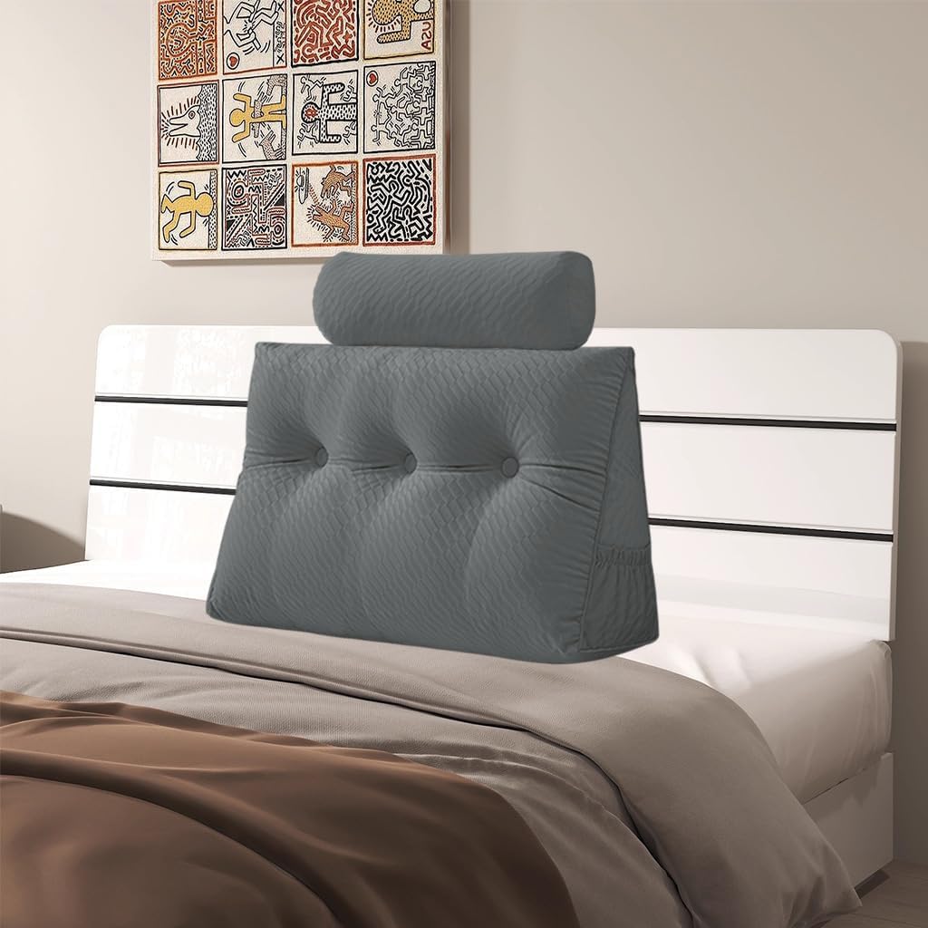 Velvet Triangular Headboard Wedge Pillow with Roll Pillow, Removable Cover Headboard Pillow Daybed Bunk Bed, Backrest Positioning Support…