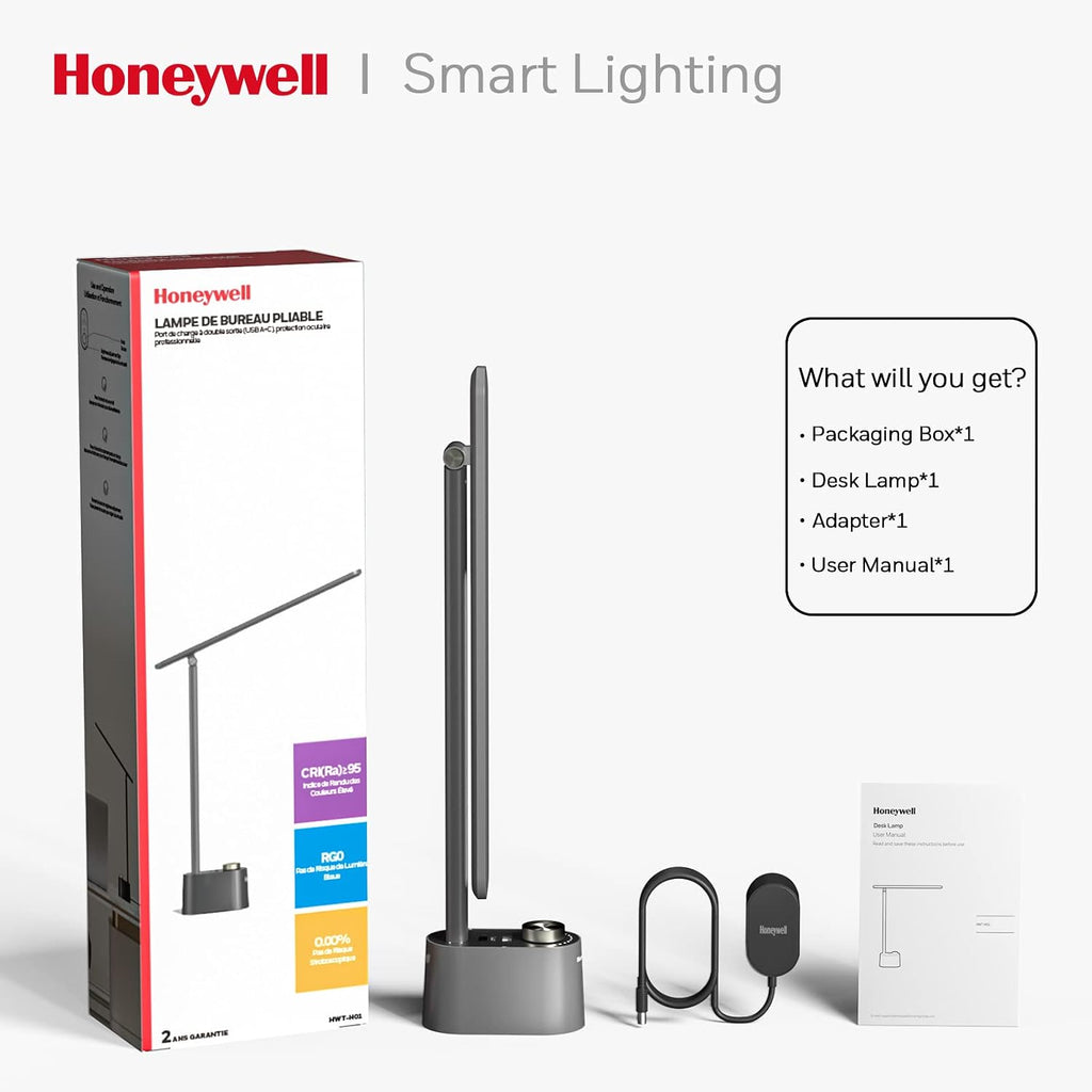 HoneywellAirComfort Honeywell LED Desk Lamp-Upgraded H01 Desk Lamps for Home Office with USB A+C Charging Ports, Stepless Dimmable Eye Carin…