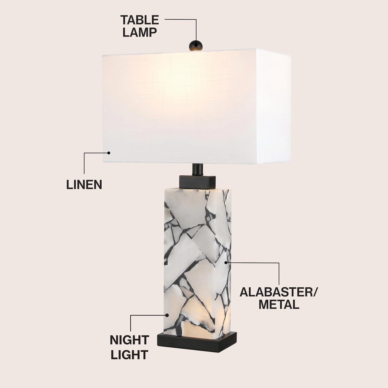 Jonathany JONATHAN Y 27.5" Black White Alabaster Rectangular Table Lamp with Night Light Contemporary Coastal Bedside Lamp for Bedroom with…