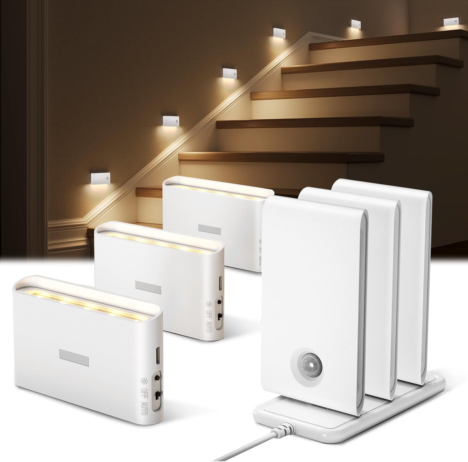 EZVALO 6 Pack Motion Sensor Night Lights with Charging Station, Sync LED Stair Lights Indoor, 1500mAh Rechargeable, Magnetic & Dimmable…