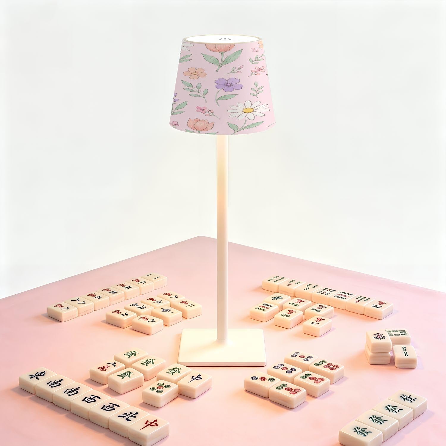 Cordless Mahjong Lamp Pastel Floral Daisies Tulips Wildflowers Soft Pink Small LED Lamp 3 Color Dimmable Rechargeable Lamps for Mah Jong…