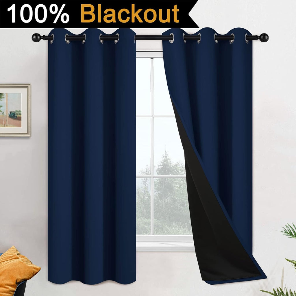Yakamok 100% Blackout Lined Pair Curtains for Bedroom, Window Treatment Thermal Insulated Soundproof Drapes for Living Room(42Wx63L, Navy Bl…