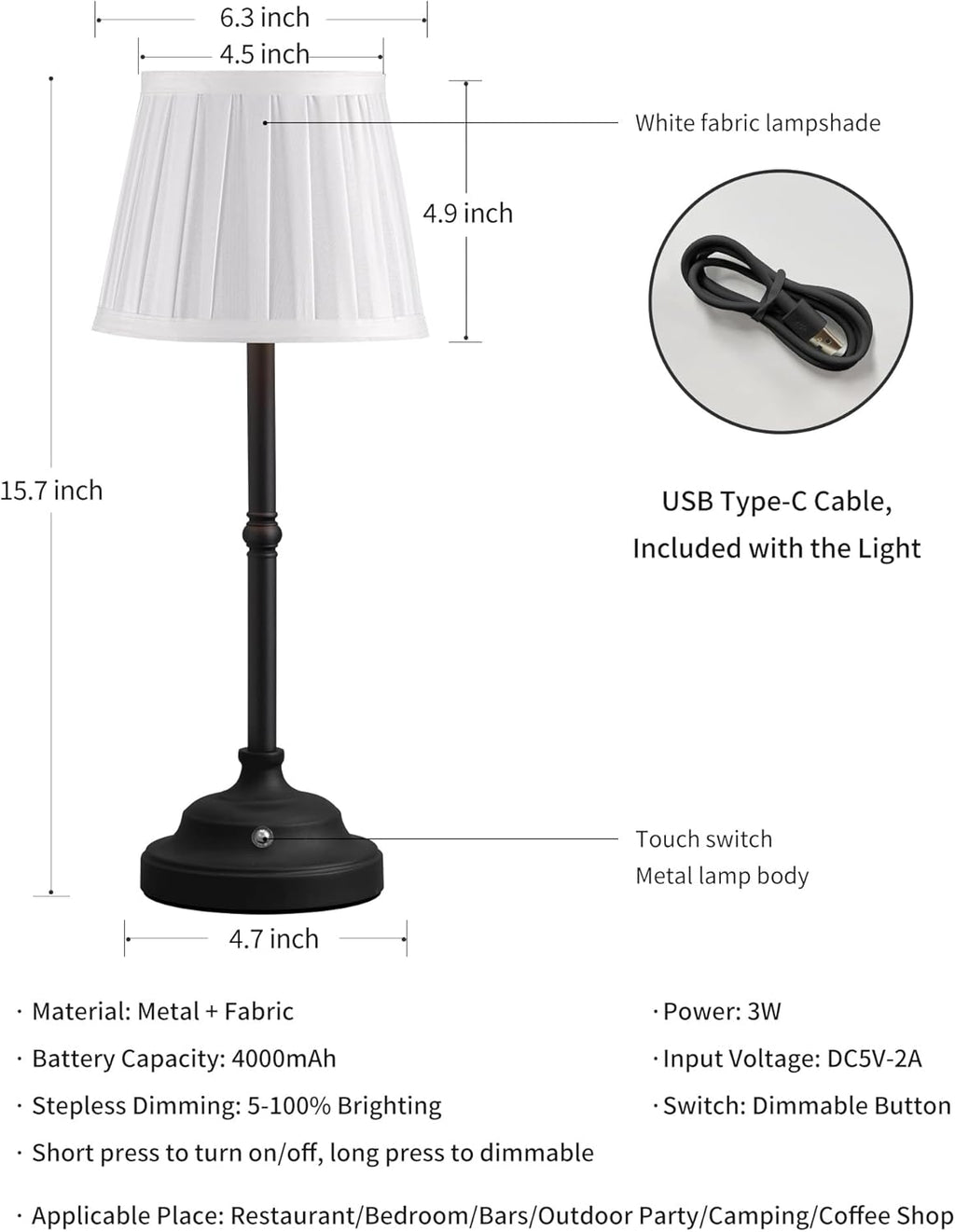 KDG Cordless LED Table Lamp, Portables Fabric Shade Desk Lamps, 4000mAh Rechargeable Battery Powered Lighting, Dimmable Light for Dining…