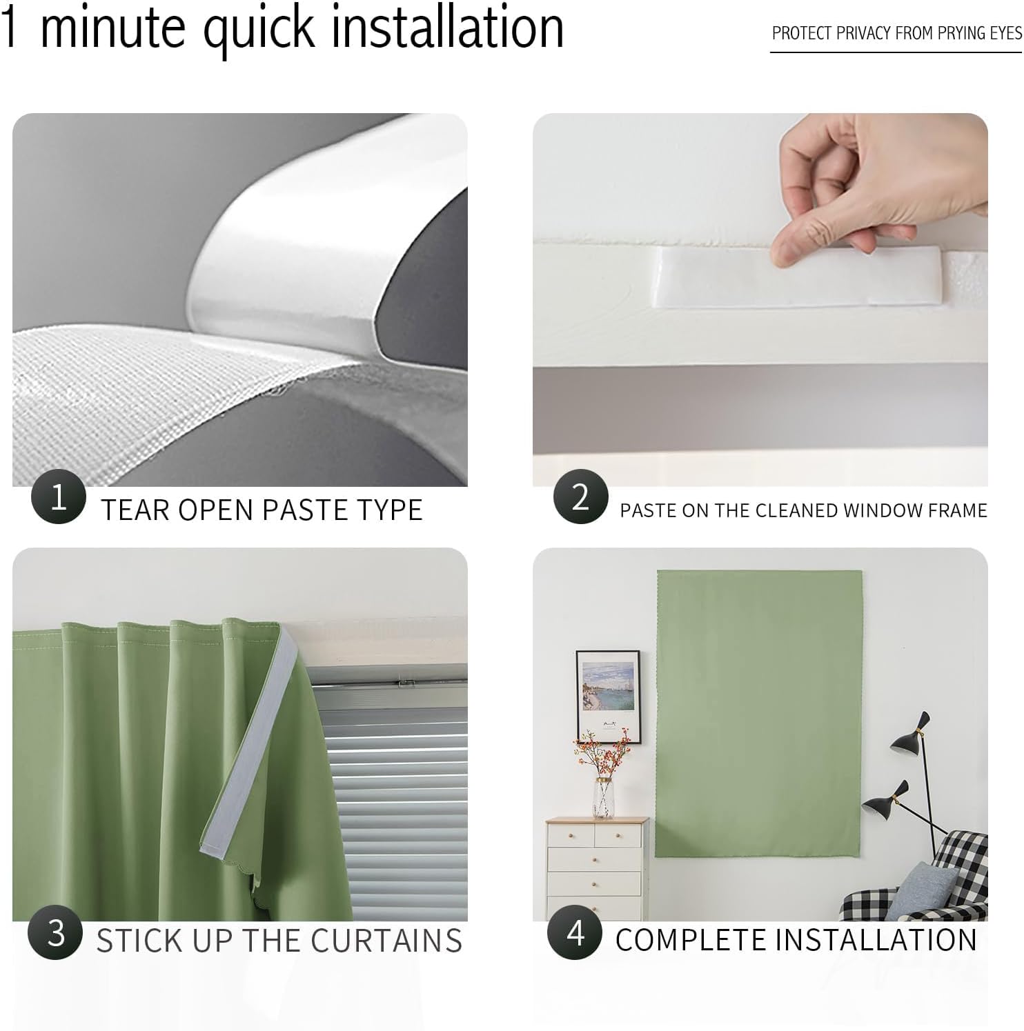Magic Tape Blackout Curtains for Bedroom No Drillng Self Adhesive Curtains No Rod Small Window, 35" W X 79" L, Sage Green, 1 Panel