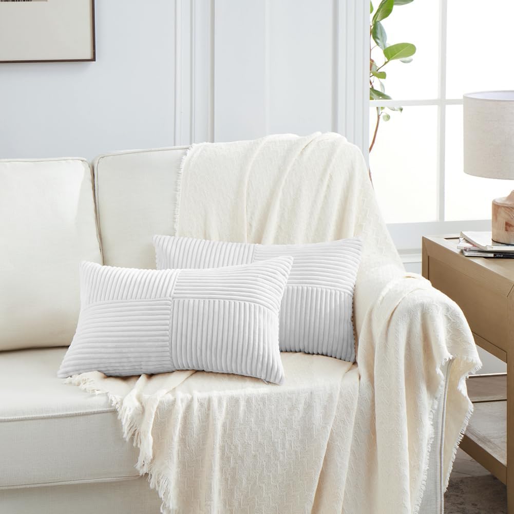 Fancy Homi 2 Packs White Lumbar Decorative Throw Pillow Covers 12x20 Inch for Living Room Couch Bed Sofa, Rustic Farmhouse Boho Home…