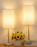JUNNAI Table Lamps Set of 2, Gold Bedside Lamps, 3 Way Dimmable Nightstand Lamps with Marble Base & Linen Shade &Pull Chain,18.5 Inches…