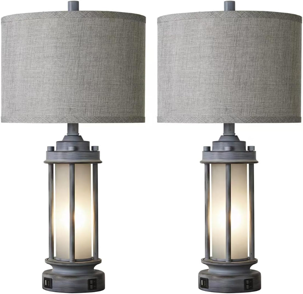 AIEAMPDO Set of 2 Rustic Table Lamps for Living Room, Farmhouse Vintage Nightstand Lamp with 2 USB Ports, Antique Retro Light Green Glass…