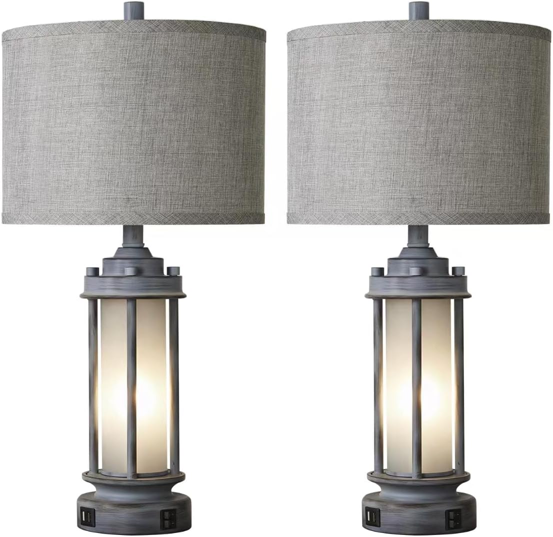 AIEAMPDO Set of 2 Rustic Table Lamps for Living Room, Farmhouse Vintage Nightstand Lamp with 2 USB Ports, Antique Retro Light Green Glass…