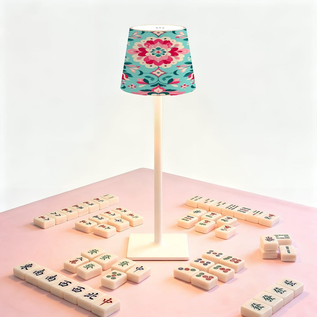 Cordless Mahjong Lamp Floral Damask Pink Blossoms Teal Ornamental Botanical Design Small LED Lamp 3 Color Dimmable Rechargeable Lamps for…