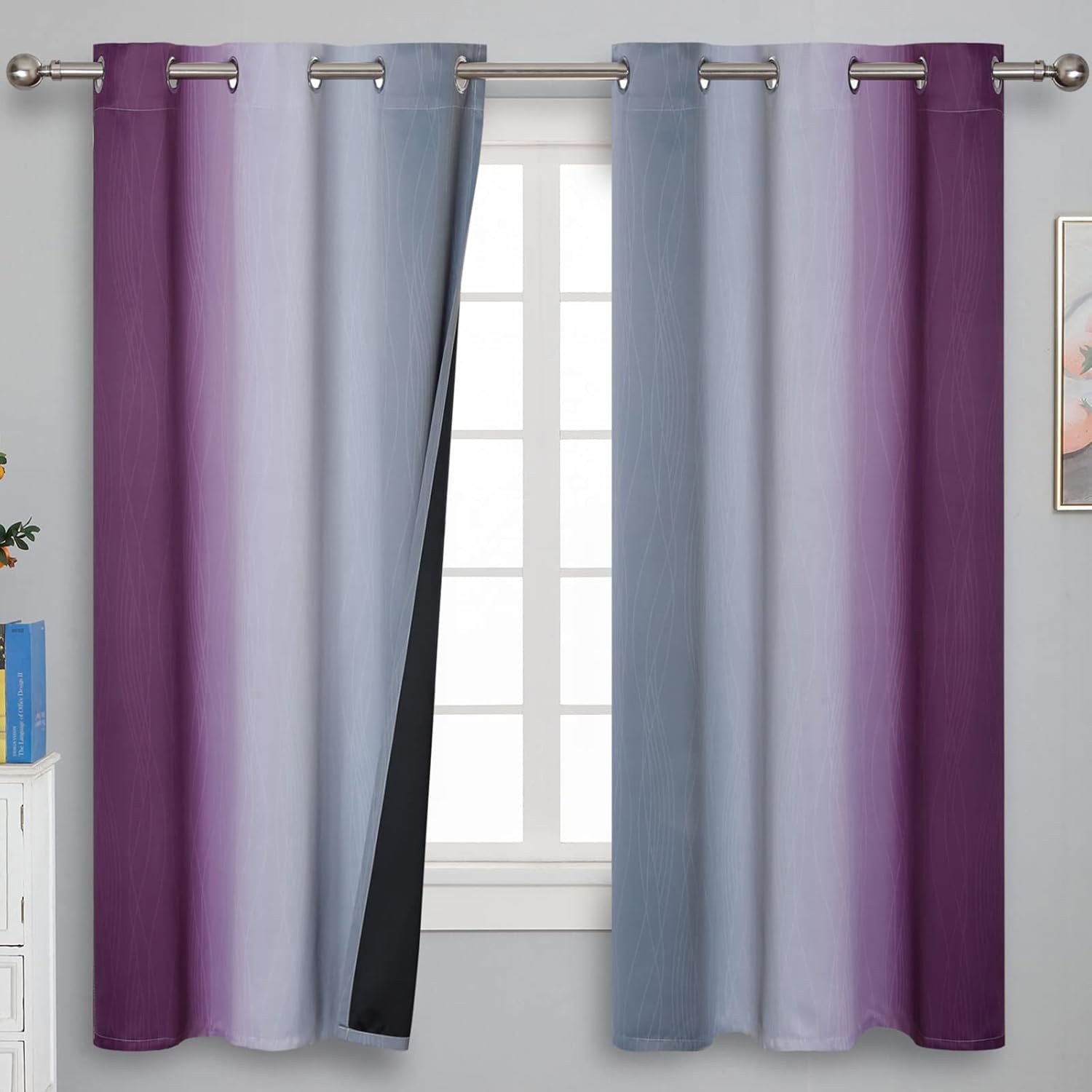 Estelartextiler Ombre Purple and Gray Blackout Curtains 63 Inch Length 2 panels, Full Room Darkening Grommet Thermal Insulated Gradient Dra…