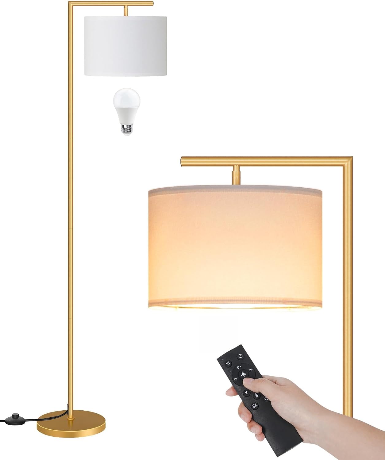 Goebleson Gold Dimmable Floor Lamp, Modern Arc Lamp with Remote, Standing Corner Light with Lampshade, Tall Reading Lighting for Bedroom, L…