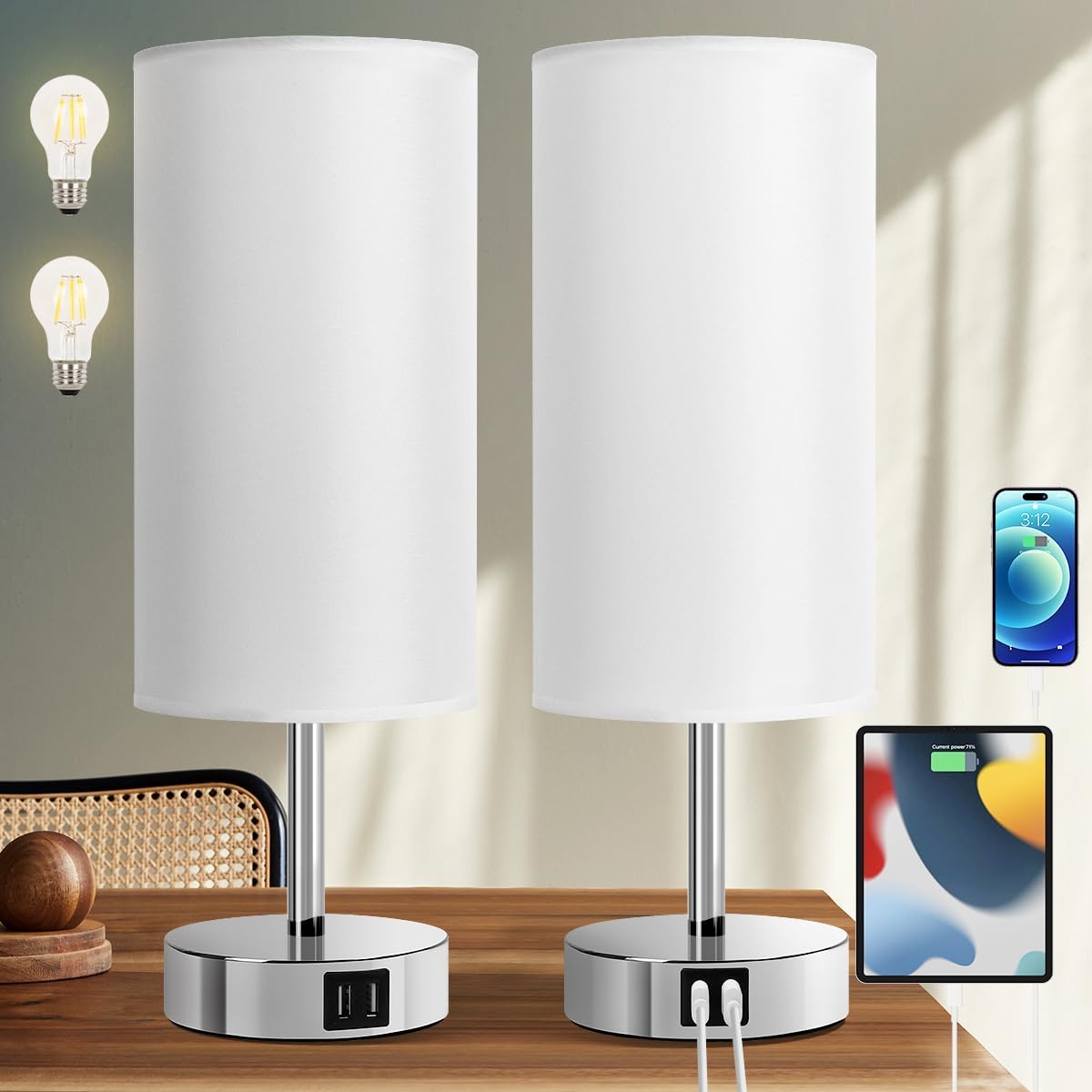 Yarra-Decor Bedside Lamps with USB Port - Touch Control Table Lamp for Bedroom 3 Way Dimmable Nightstand Lamp Set of 2 with Round White…