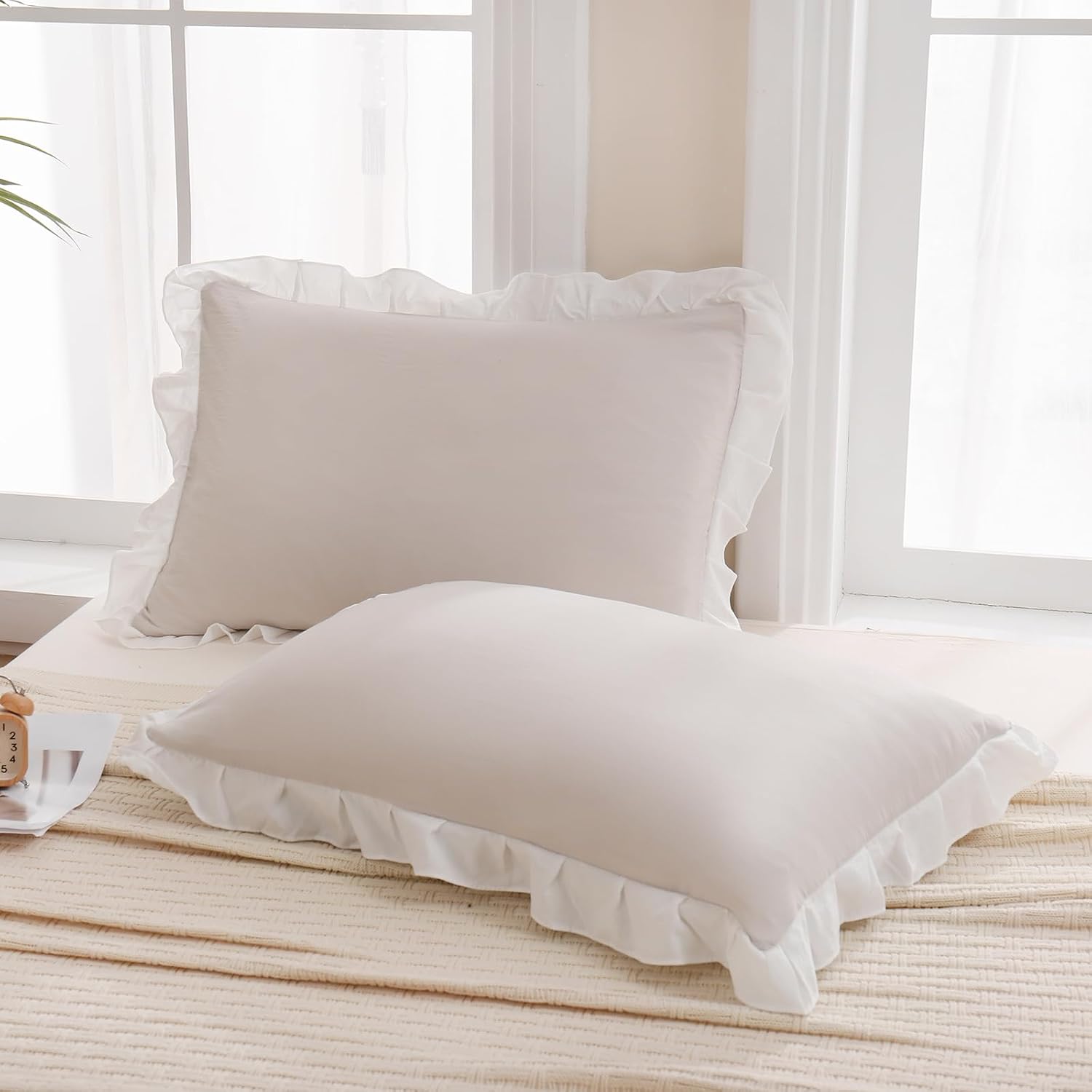 Merryword Beige Pillow Shams Standard Pillowcases 20x26inch Beige and White Reversible Cute Pillow Cover Set of 2 Soft Shabby Chic Ruffled…