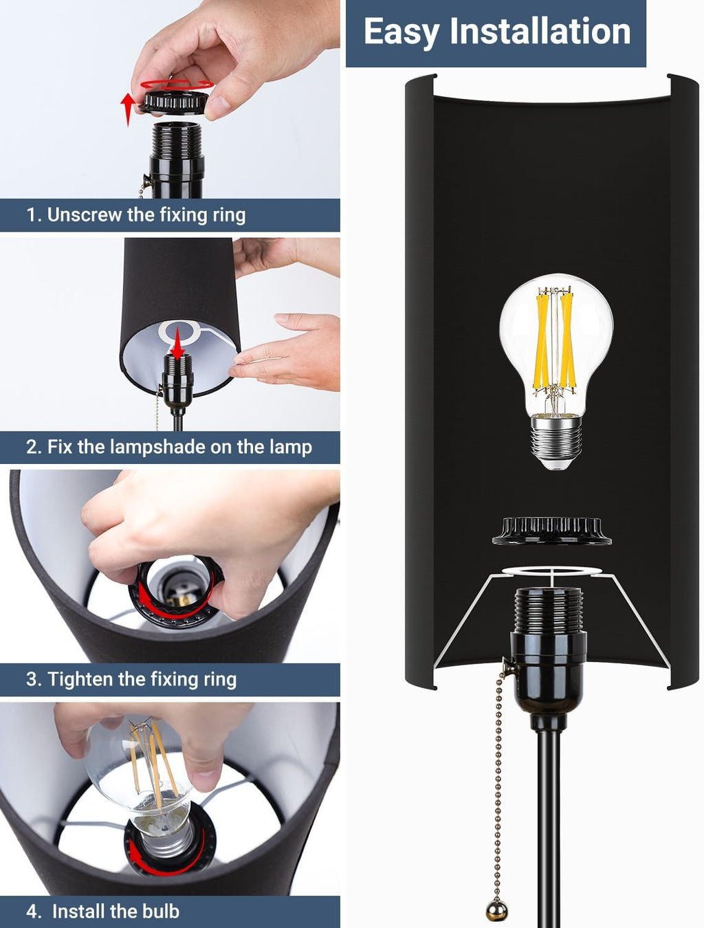Small Table Lamps Set of 2 Desk Lamps for Living Room 3 Way Dimmable Black Nightstand Lamps with Metal Base Fabric Shade | Pull Chain…