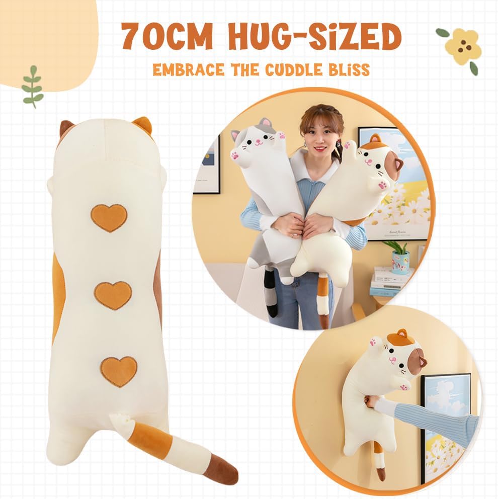 Cat Plush Stuffed Animals Cute Long Cat Body Pillow Plushies Soft Huggable Kitty Pillows for Girls Kids Adults Cat Lovers (New Beige…