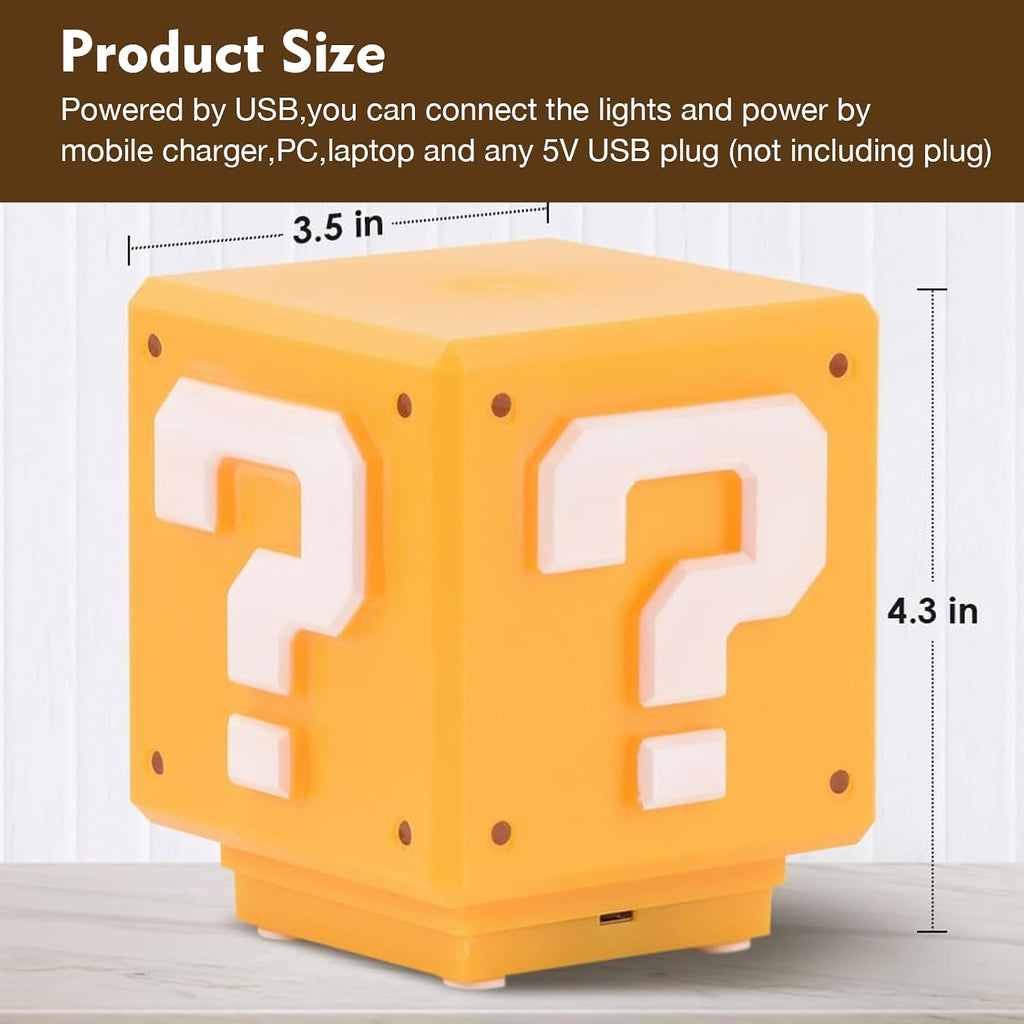 TLAOTNIY Super Bros Mini Question Block Night Lights - USB Powered Bedside Lamp with Game Sound Effects - Gift for Friends & Fans