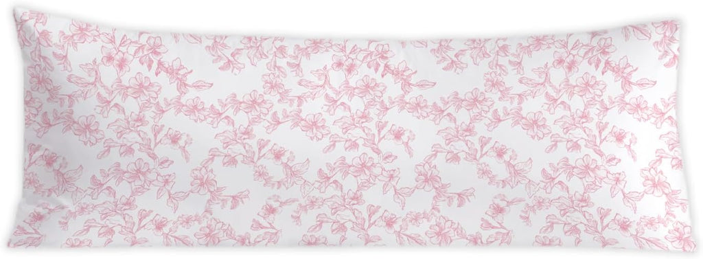 Pink and White Floral 20x54 Body Pillow Cover, Cottagecore Room Decor, Farmhouse Decor, Vintage Chinoiserie Flower Decorative Long Body…