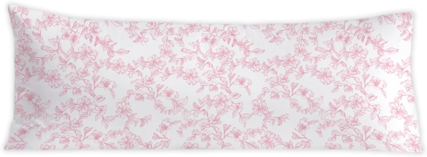 Pink and White Floral 20x54 Body Pillow Cover, Cottagecore Room Decor, Farmhouse Decor, Vintage Chinoiserie Flower Decorative Long Body…