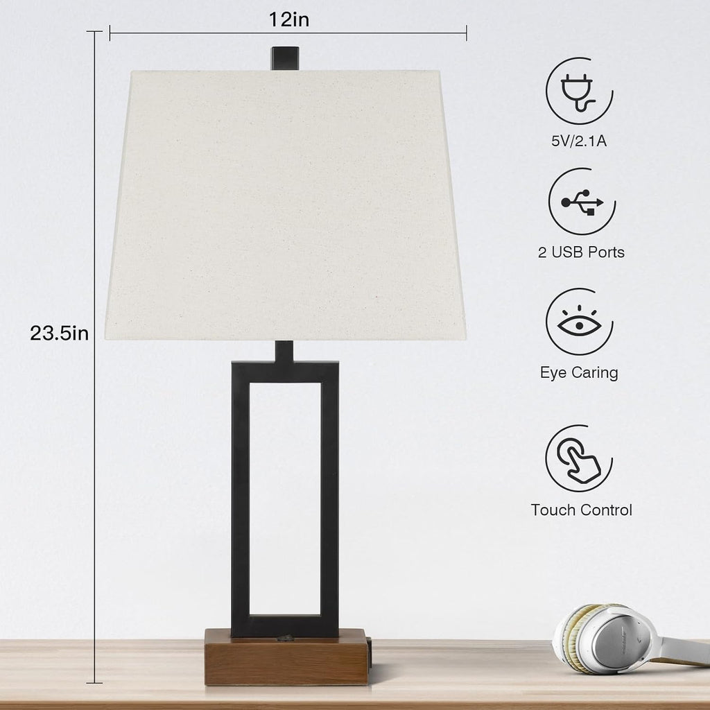 Lolikit Table Lamp for Bedroom Set of 2 with 2 USB Ports and AC Power Outlet, 23.5" Modern Bedside Lamp, Wood Nightstand Lamp with Linen…