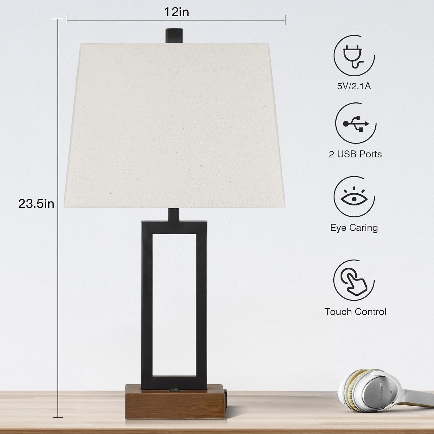 Lolikit Table Lamp for Bedroom Set of 2 with 2 USB Ports and AC Power Outlet, 23.5" Modern Bedside Lamp, Wood Nightstand Lamp with Linen…