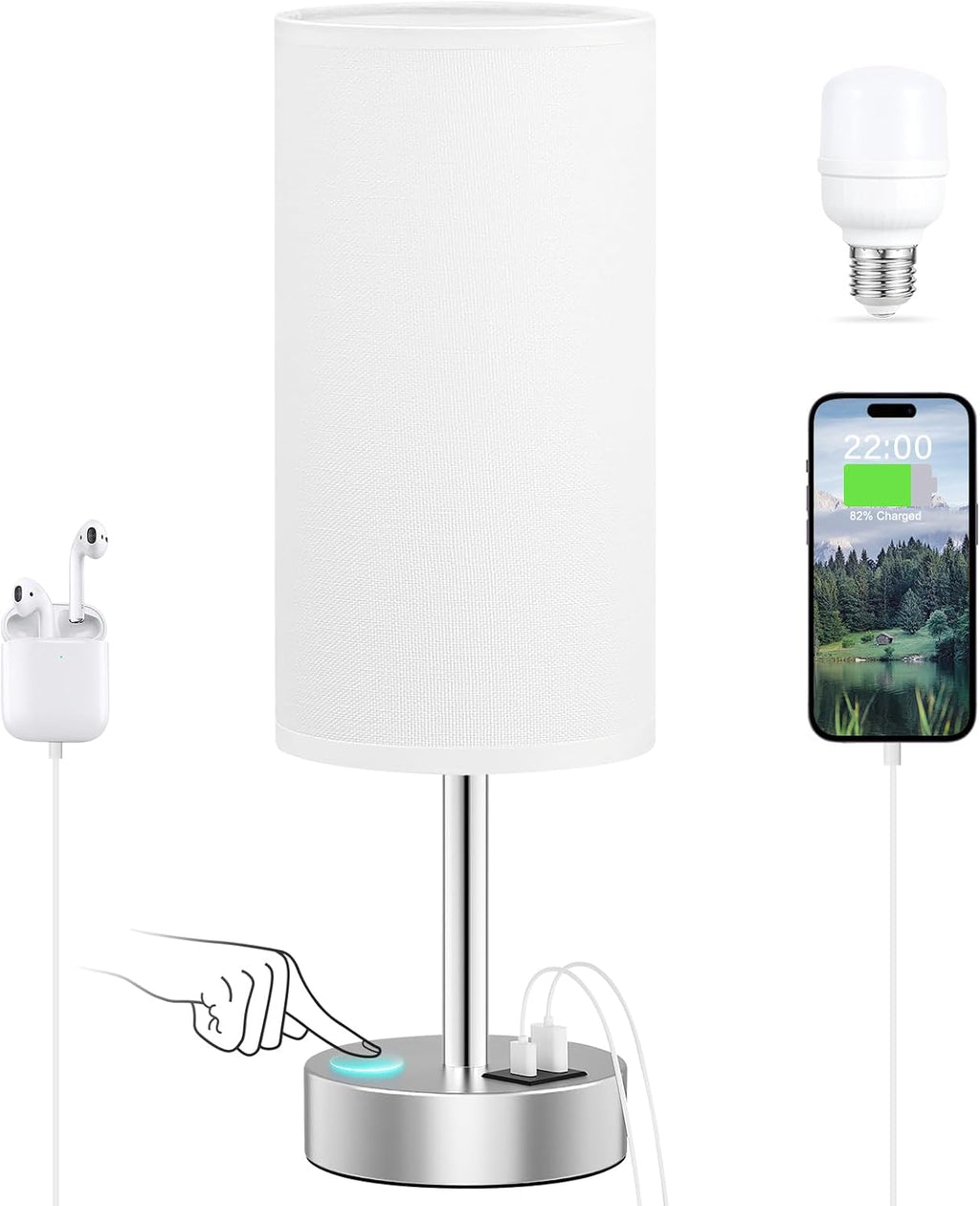 Dicoool White Touch Bedside Lamp with USB - 3 Way Dimmable Table Lamp for Bedroom, Nightstand Lamp with Nickel Charging Station and…