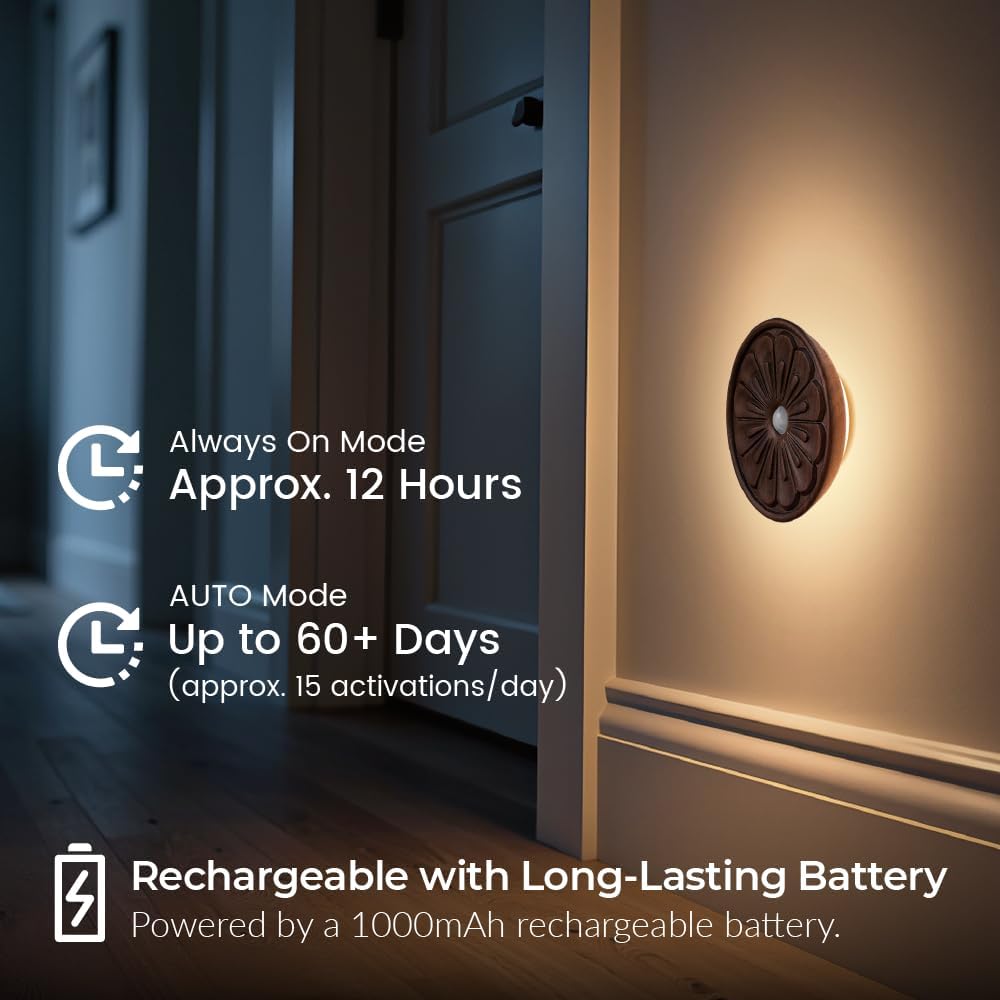 Wood Flower Motion Sensor Night Light, Mini Lamp with Embossed 3D Floral Surface, Rechargeable Warm Light, Stick-On Magnetic Mount for…