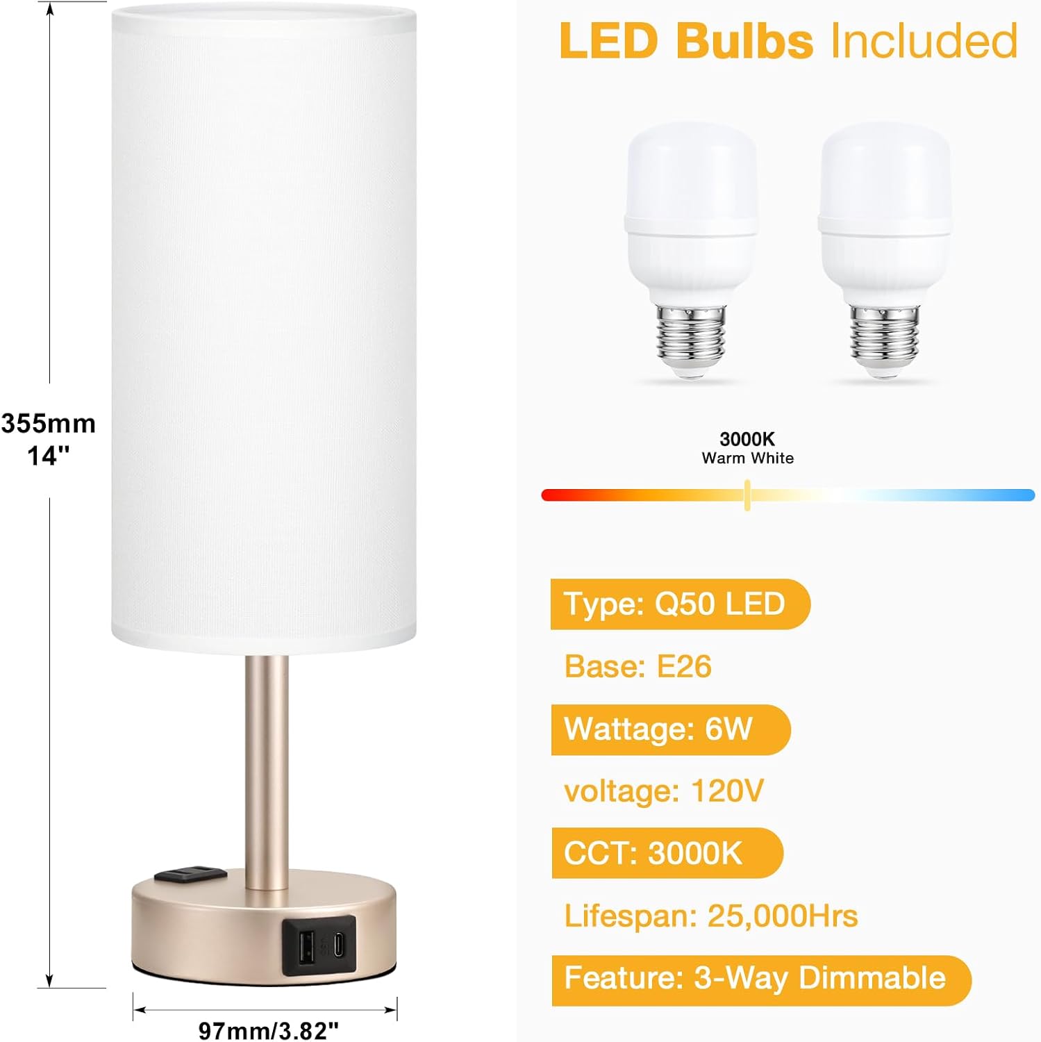Touch Bedside Table Lamps Set - 3 Way Dimmable Bedroom Lamps Set of 2 with USB C and A Ports, Small Lamps for Nightstand with AC Outlet…
