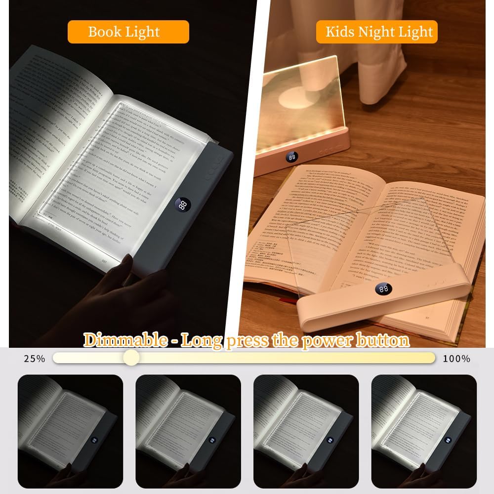 Book Light, Rechargeable Clear LED Flat Book Lights for Reading in Bed at Night with 3 Colors & Timer, Dimmable Panel Plate Book Lamp…
