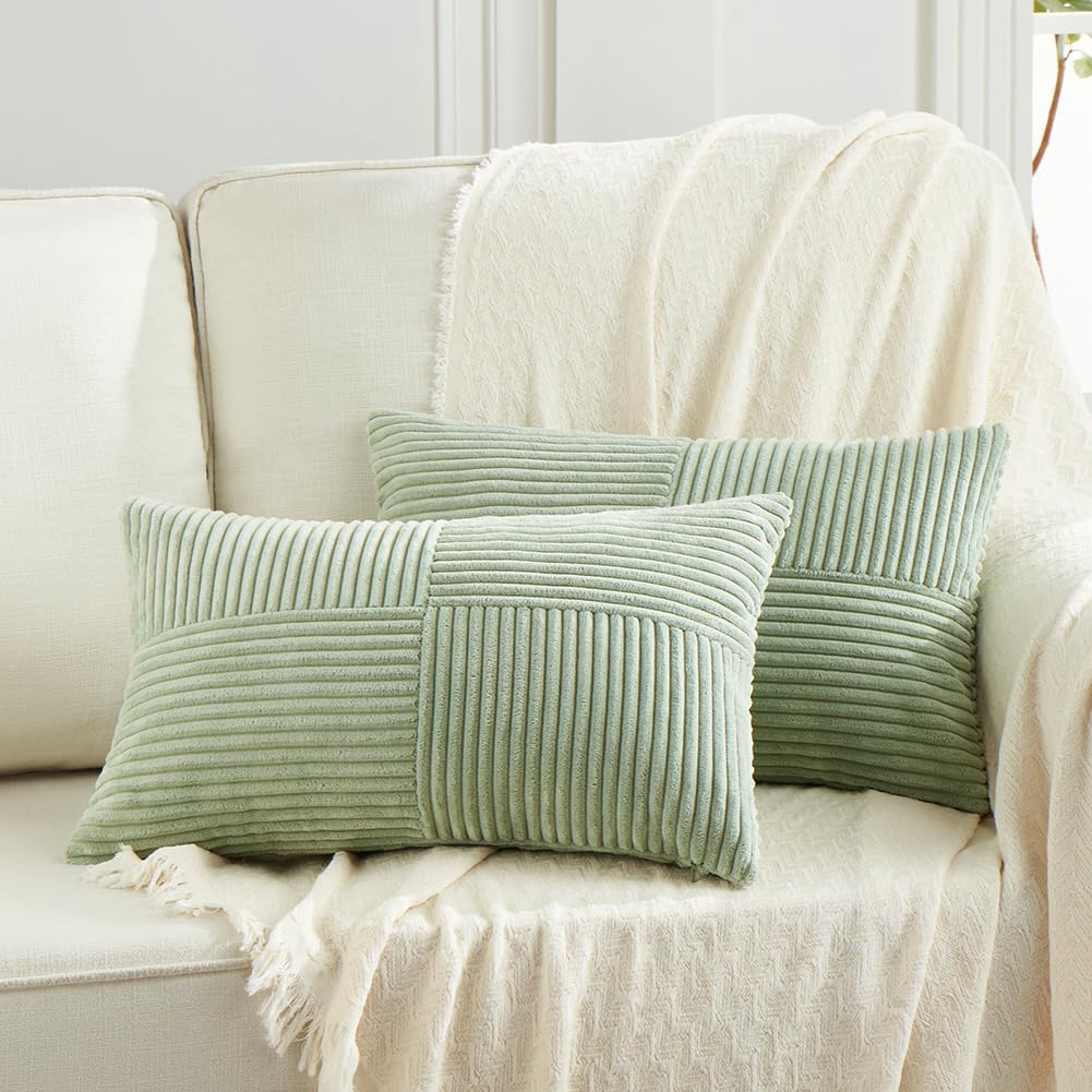Fancy Homi 2 Packs Sage Green Lumbar Decorative Throw Pillow Covers 12x20 Inch for Living Room Couch Bed, Rustic Farmhouse Boho Home…