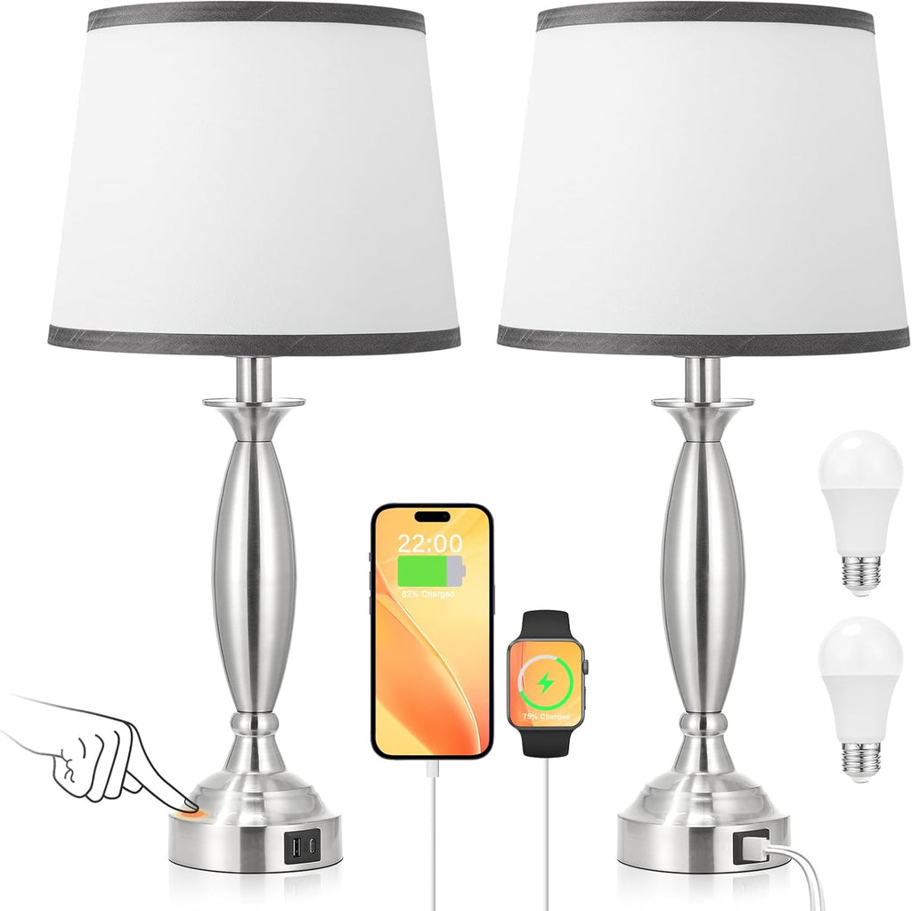 Seealle Touch Bedside Lamps for Nightstand Set of 2 - Bedroom Lamps with USB C+A, 3 Way Dimmable Nightstand Lamps, Brushed Nickel Table…