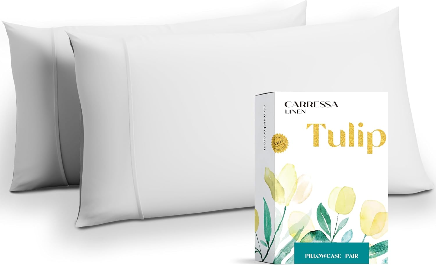 Carressa Linen Luxury Egyptian Cotton King Pillow Cases Set of 2-800 Series Tulips Collection Pillowcases for Sleeping (Crisp White)…