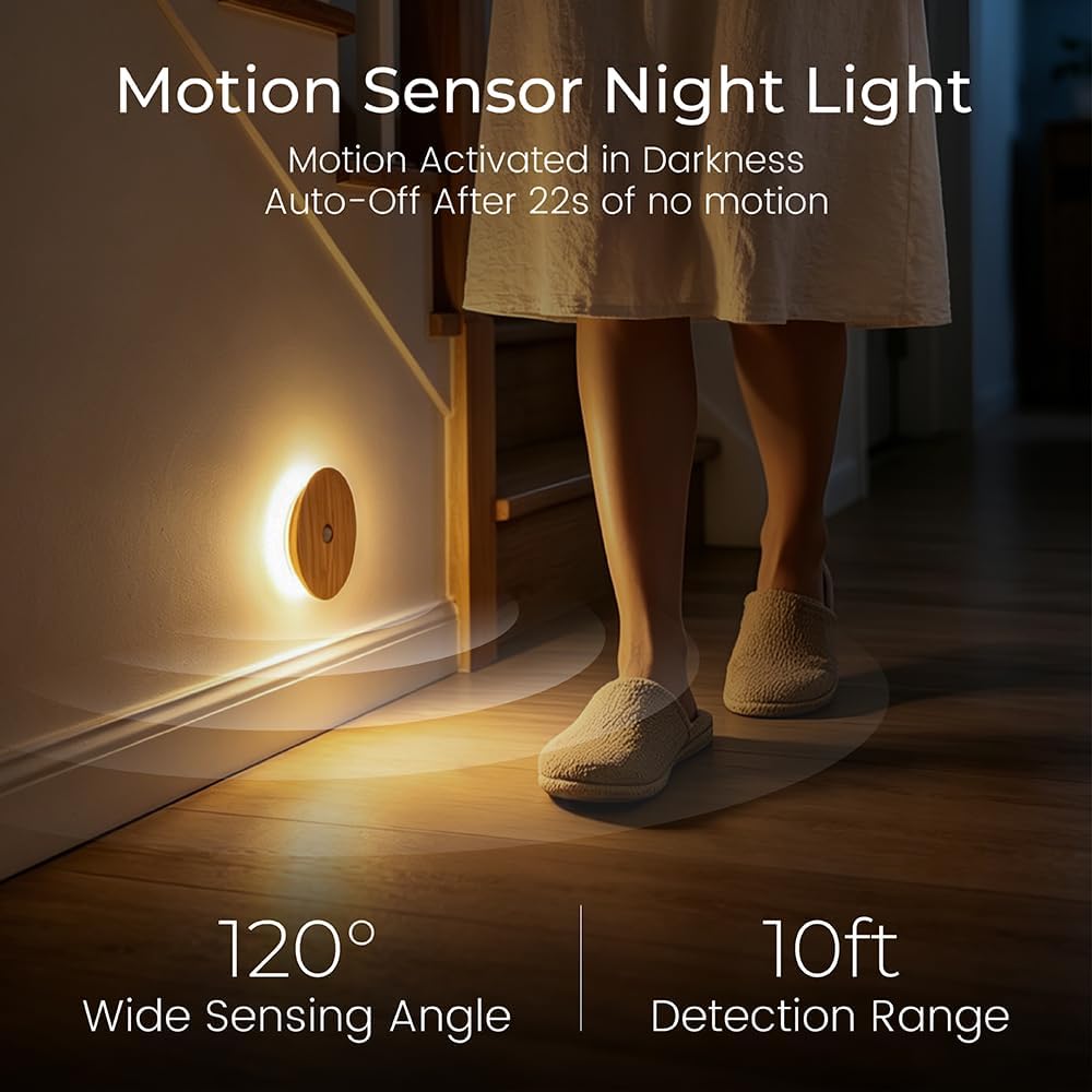 Motion Sensor Night Light Wood, Rechargeable Battery-Powered Magnetic Stick-On Night Light Wall Light for Indoor Stairs, Hallway, and…
