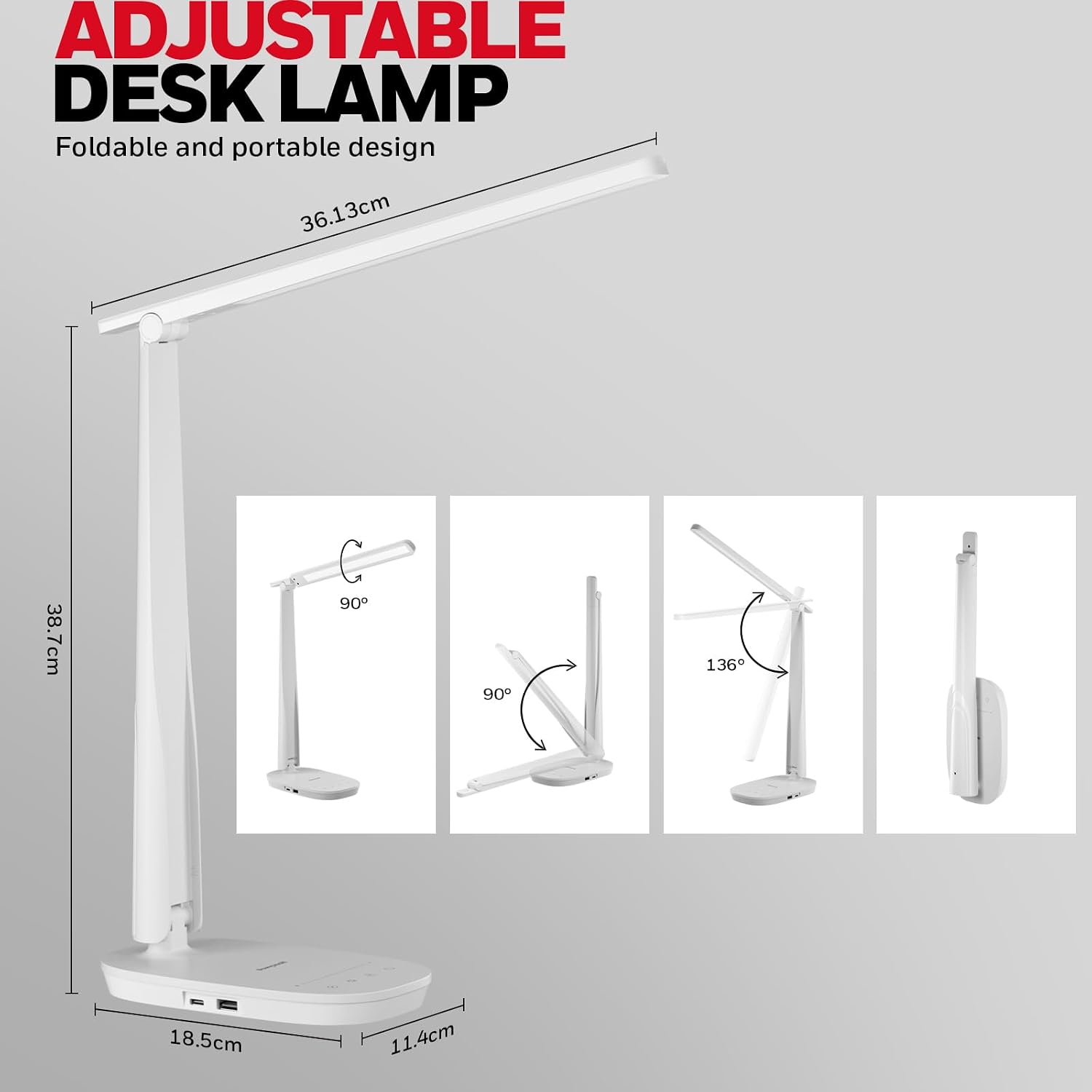 Honeywell HWT-H2 LED Desk Lamp, CRI94 Full Spectrum Eye-Caring Table Light, Foldable Dimmable 4 Color Modes with USB A+C Charging Ports…