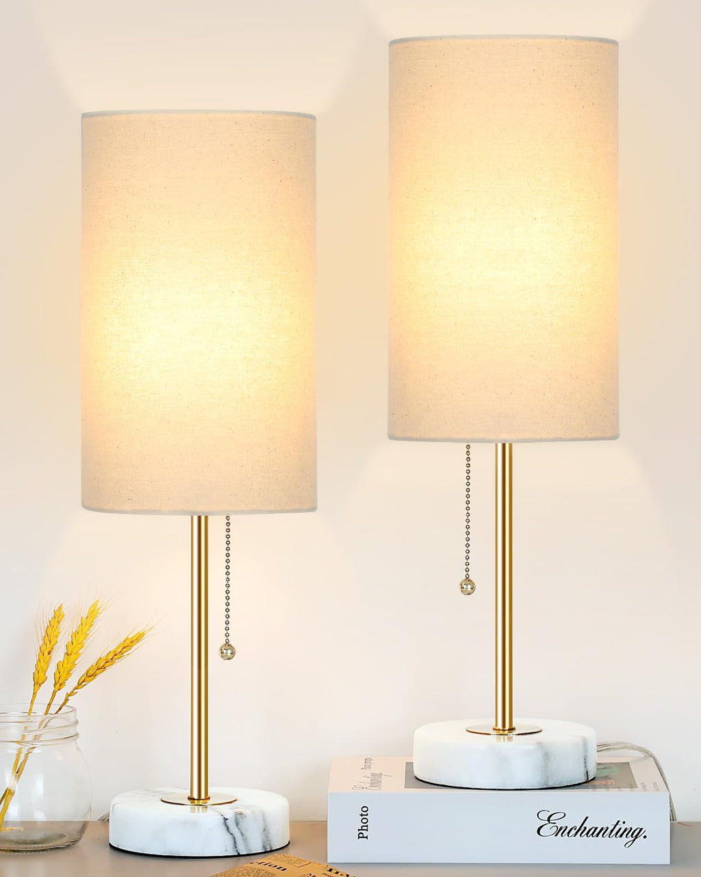 JUNNAI 18.5" Desk Lamp & Table Lamp Set of 2, Skinny Bedside Lamp with Marble Base, Pull Chain Switch, 3-Way Dimmable, Linen Fabric…