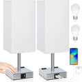 Set of 2 Bedside Table Lamp 3 Way Dimmable Nightstand Lamp with USB C & USB A Charging Port, 2 AC Outlets, 3000K LED Bulbs (White)