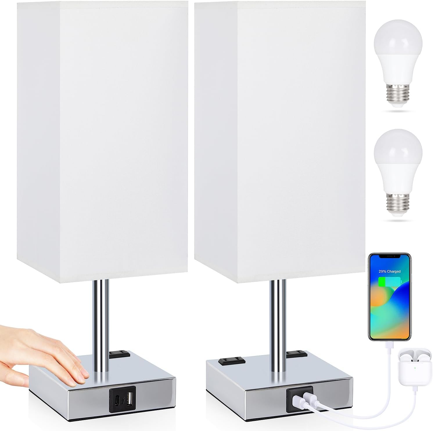 Set of 2 Bedside Table Lamp 3 Way Dimmable Nightstand Lamp with USB C & USB A Charging Port, 2 AC Outlets, 3000K LED Bulbs (White)
