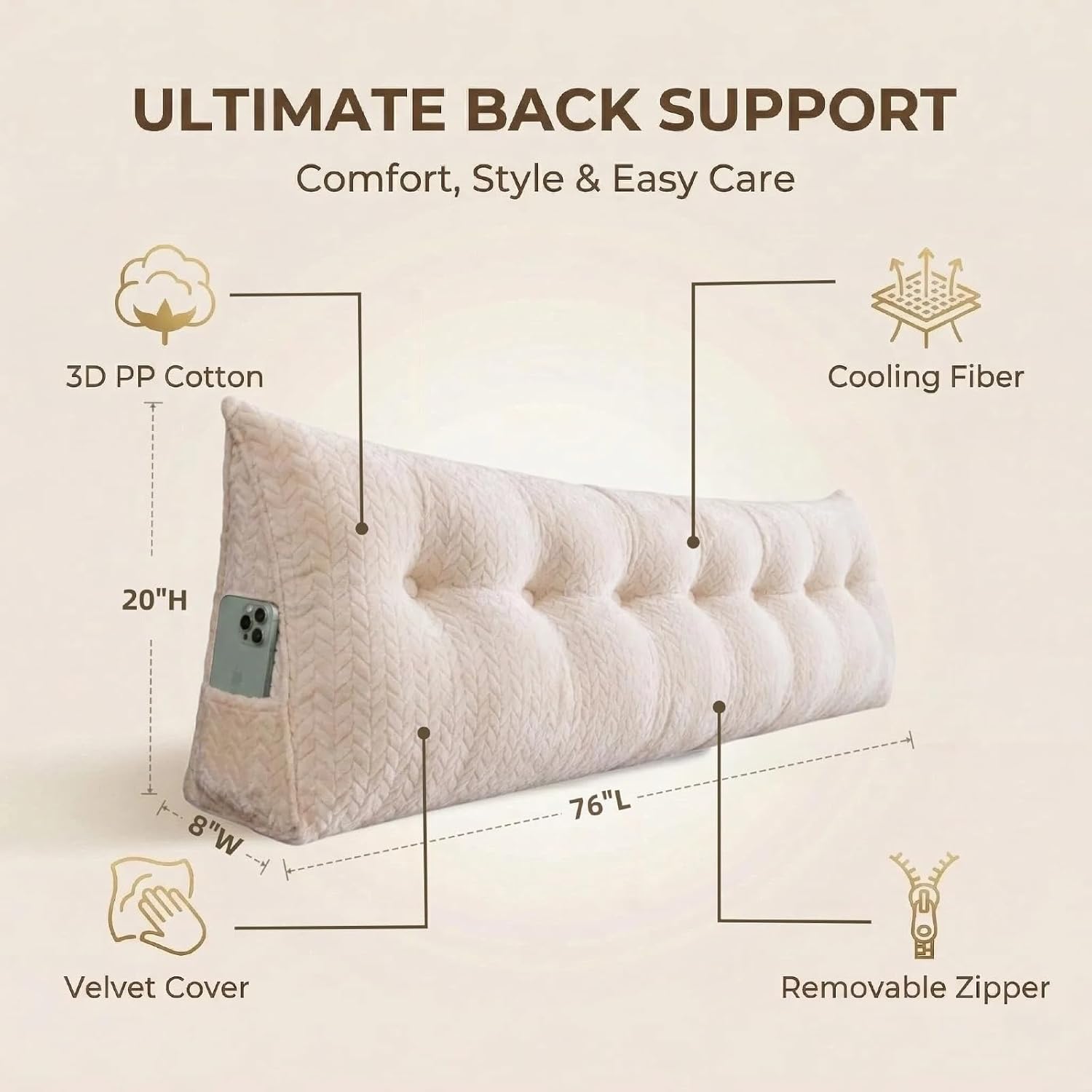 Headboard Pillow King Size, Reading Pillow for Bed, Leaf Pattern Wedge Pillow, Tufted Backrest Support, Headboard Substitute, Beige
