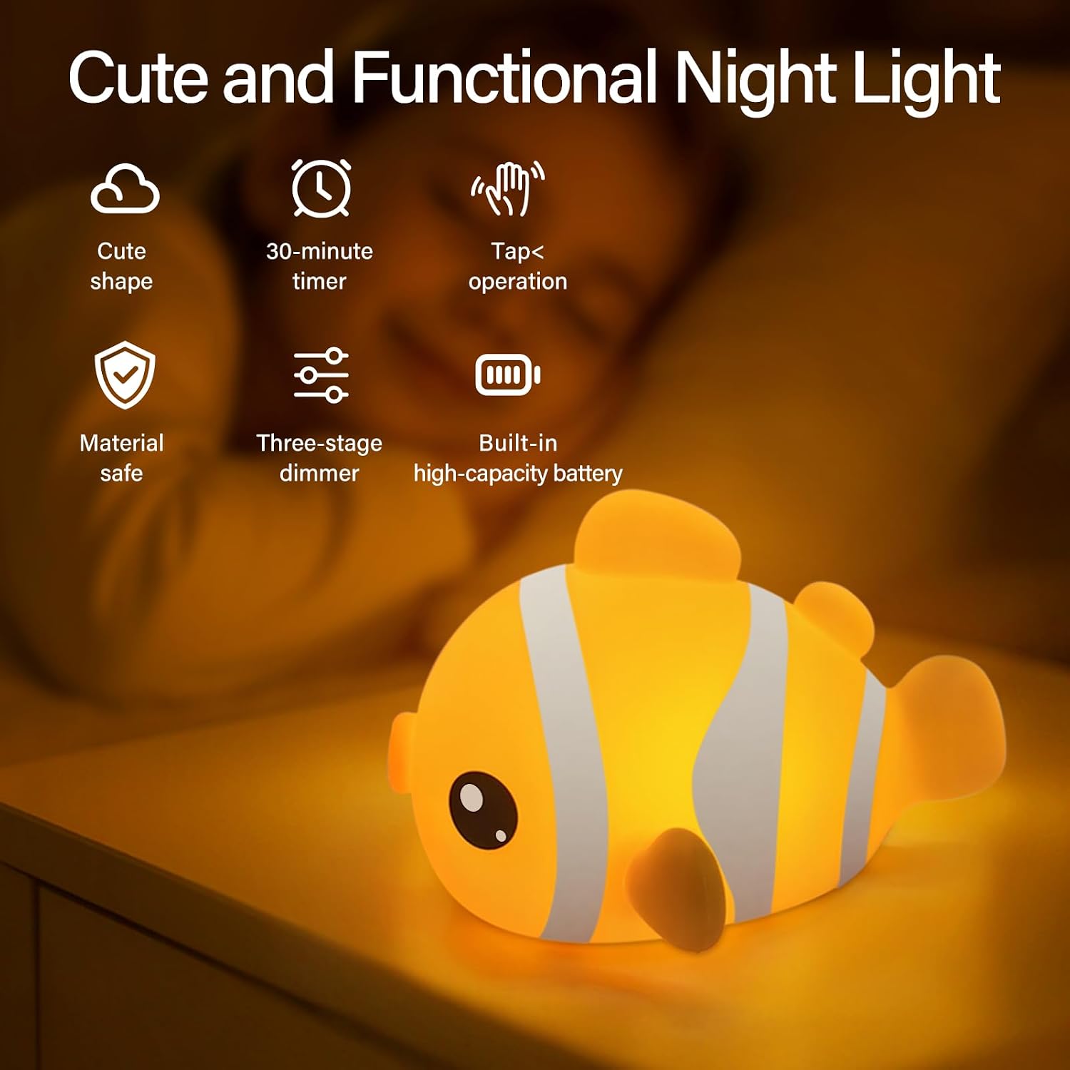 Avacom Cute Clownfish Night Light - Soft Squishy Silicone Pat Lamp with 3-Level Brightness Adjustment, Timer Function, Rechargeable Touch C…