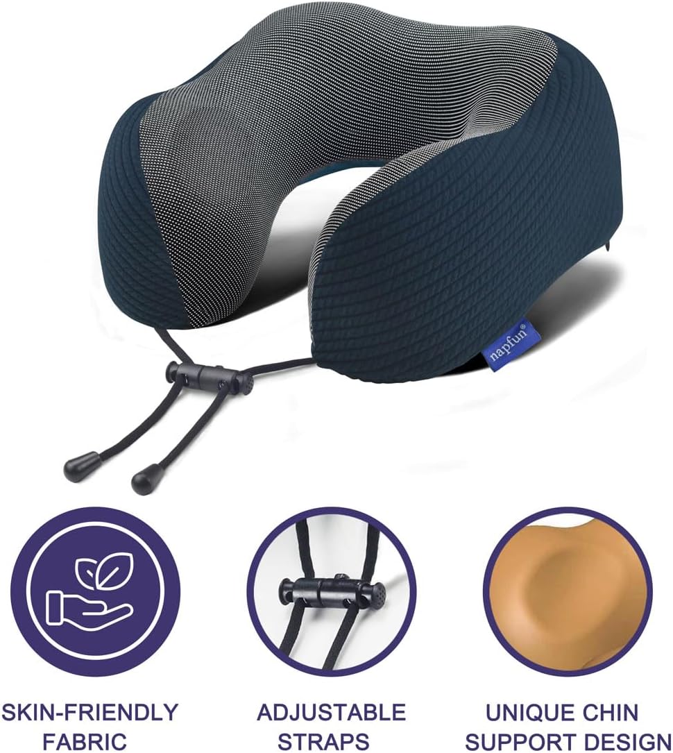 napfun Neck Pillow for Travel with Travel Pouch, Sleep Mask & Earplugs, Memory Foam Airplane Pillow for Headrest Sleep with Eyeshades…