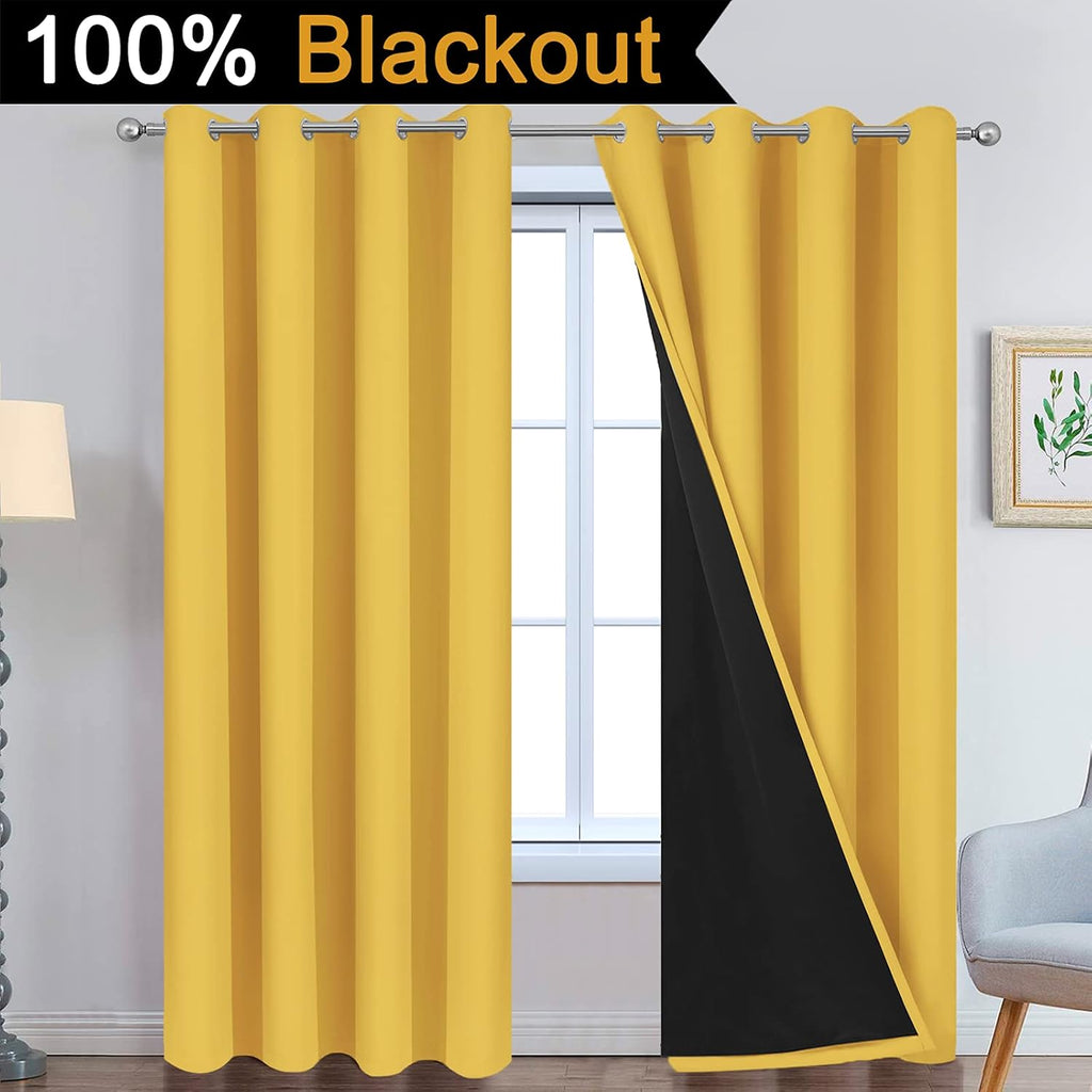 Yakamok 100% Blackout Curtains Energy Saving Thermal Insulated 2 Thick Layers Completely Blackout Drapes with Black Liner for Bedroom (52Wx…