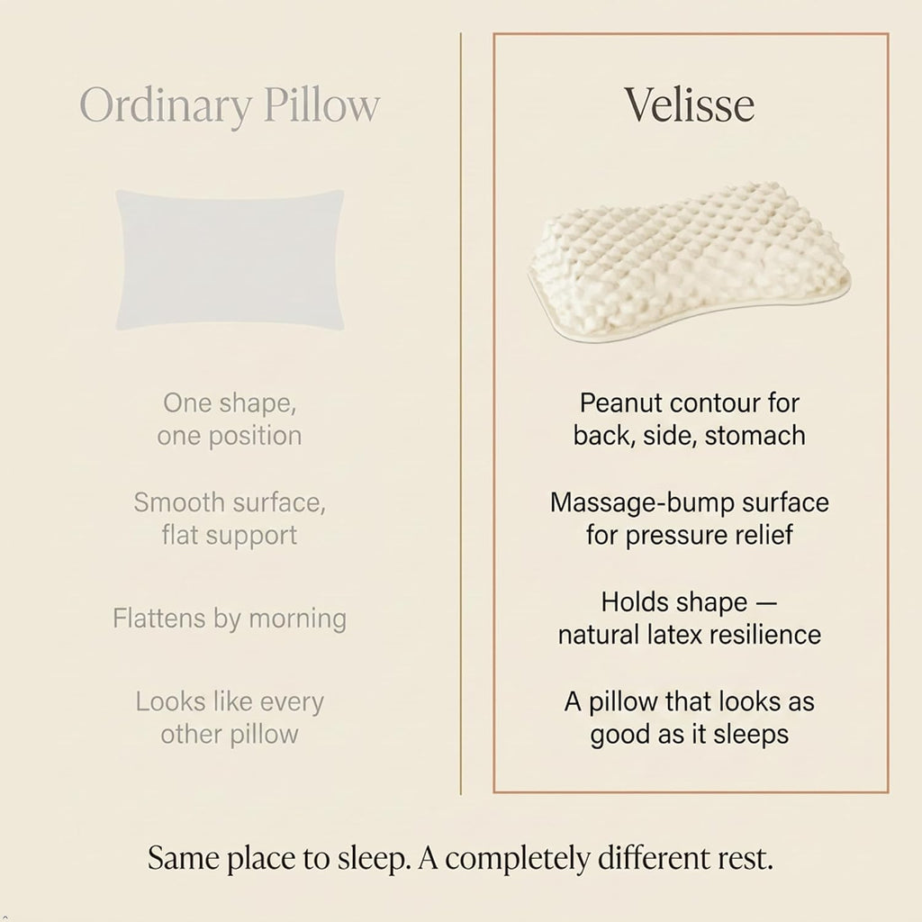 Velisse — Natural Latex Pillow for Stomach Back Side Sleepers, Peanut Shape for All Position Sleeping, Wave-Ridge Surface, Single-Height…