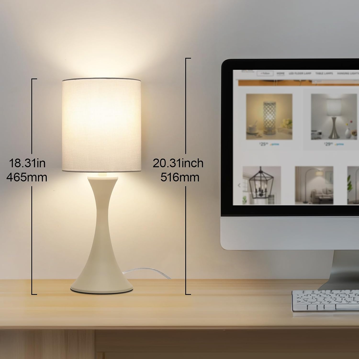 Seaside village Dimmable Bedside Lamp, 3 Way Touch Control Table Lamp, Modern Nightstand Lamp with Beige Shade and Cream Base, Small Desk…