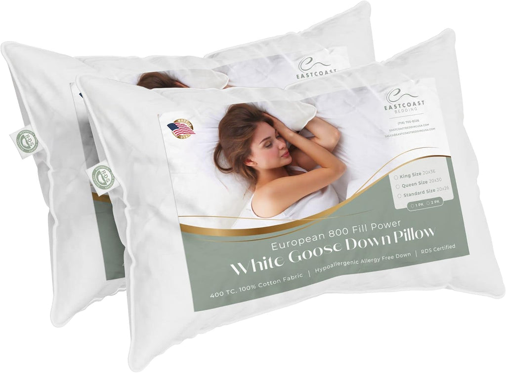 East Coast Bedding European Pure Down Pillow, 800 Fill Power, 400 Thread Count Cotton Sateen Shell, Standard Firm