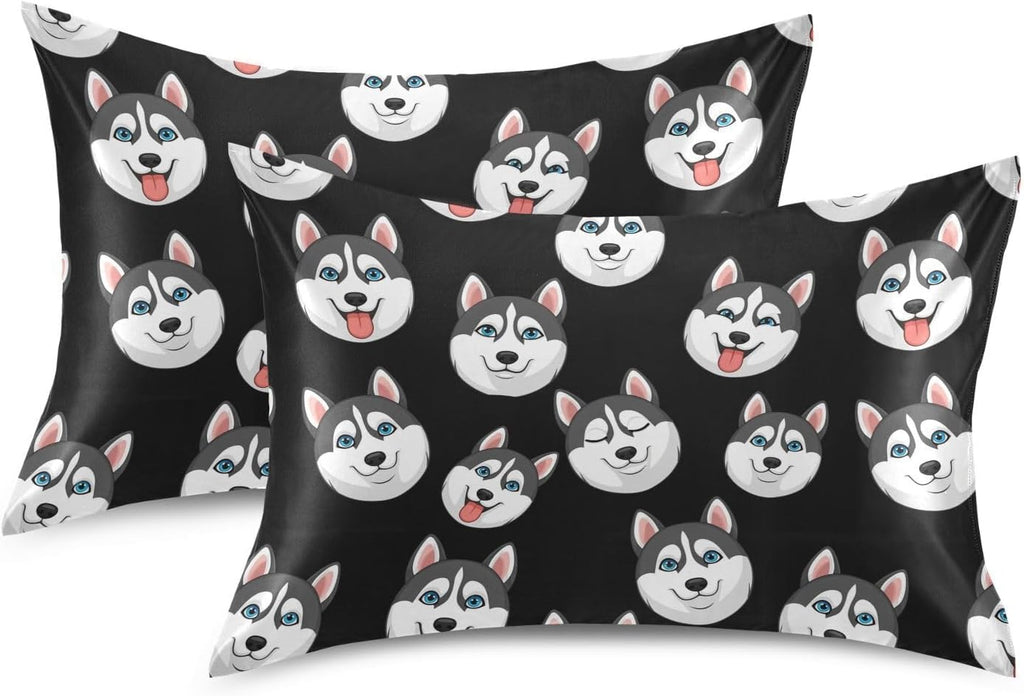 Cartoon Husky Dark Pillow Covers Silk Pillowcase for Hair and Skin Breathable Soft Satin Pillowcase Queen Size Pillow Case for Bedroom…